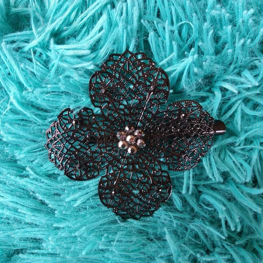 Vintage Black Metal Filigree Flower Hair Clip  Goth Gothic Lace Floral Barrette